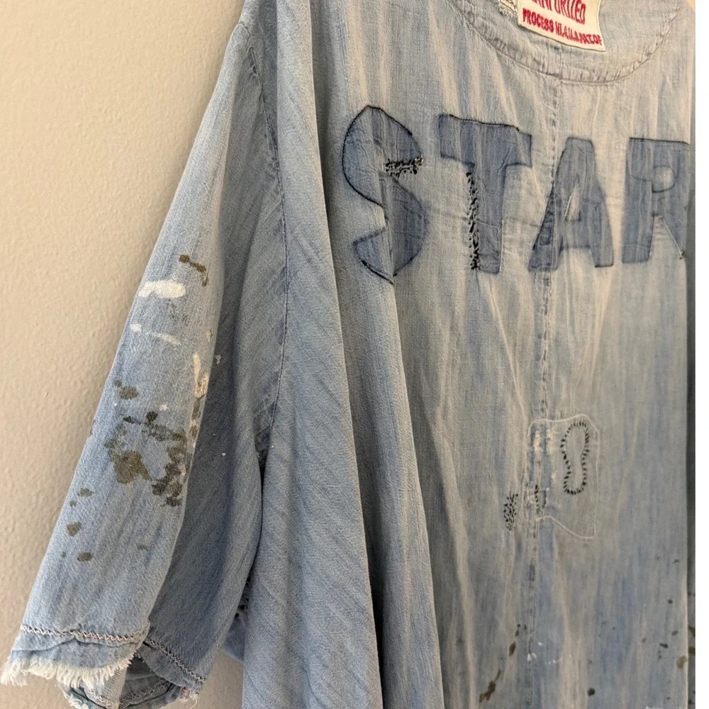 Magnolia Pearl Sanforized Star Denim Shirt Dress Oversized Paint Splatter OSFM - Picture 3 of 10